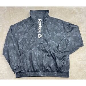 Reebok Mens Windbreaker Jacket Large Gray Black Camo Logo Full Zip Mesh Lined